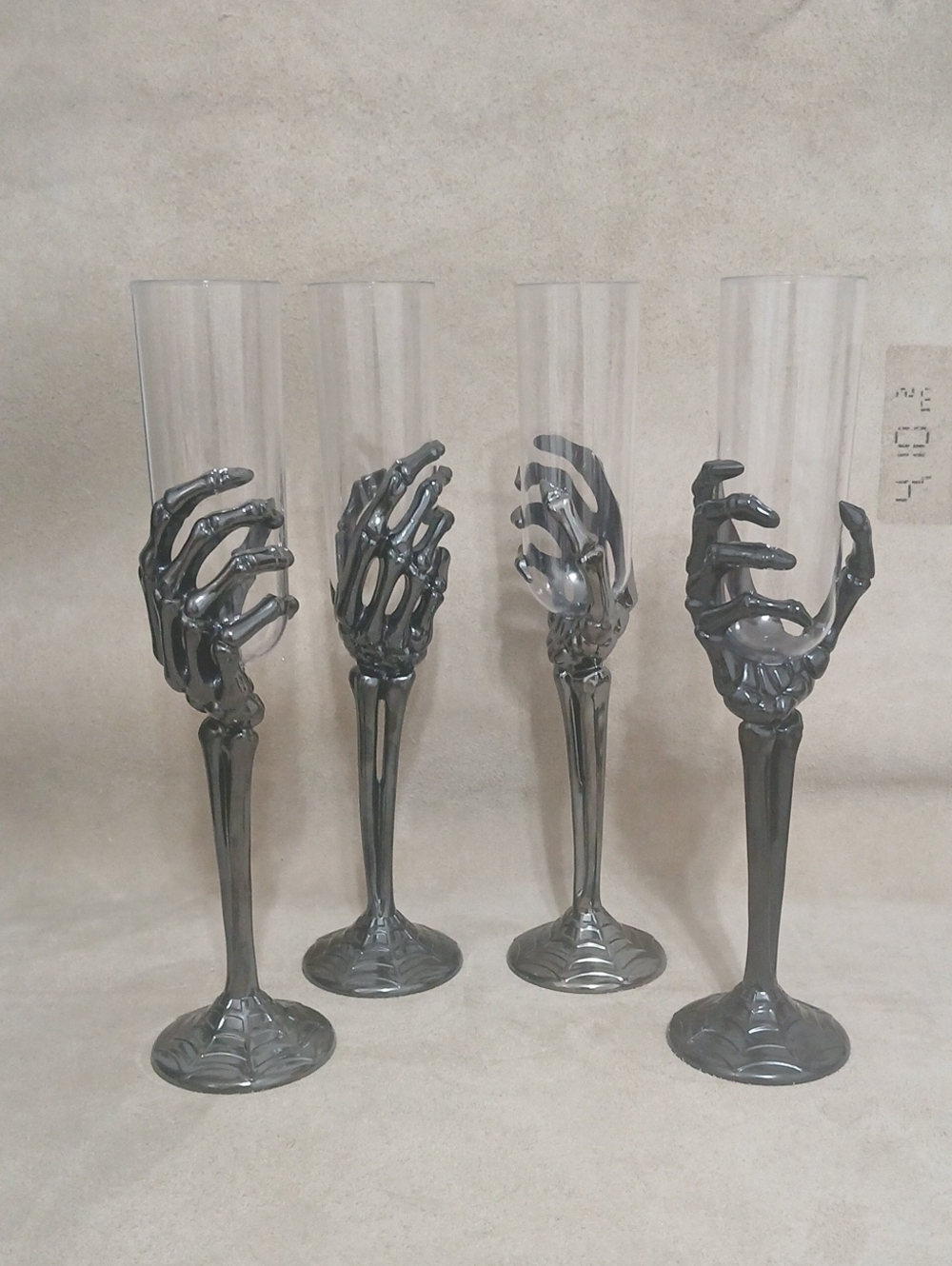Skeletal Halloween Hand Dark Gray Plastic Champagne Flutes 4 Pcs NEW